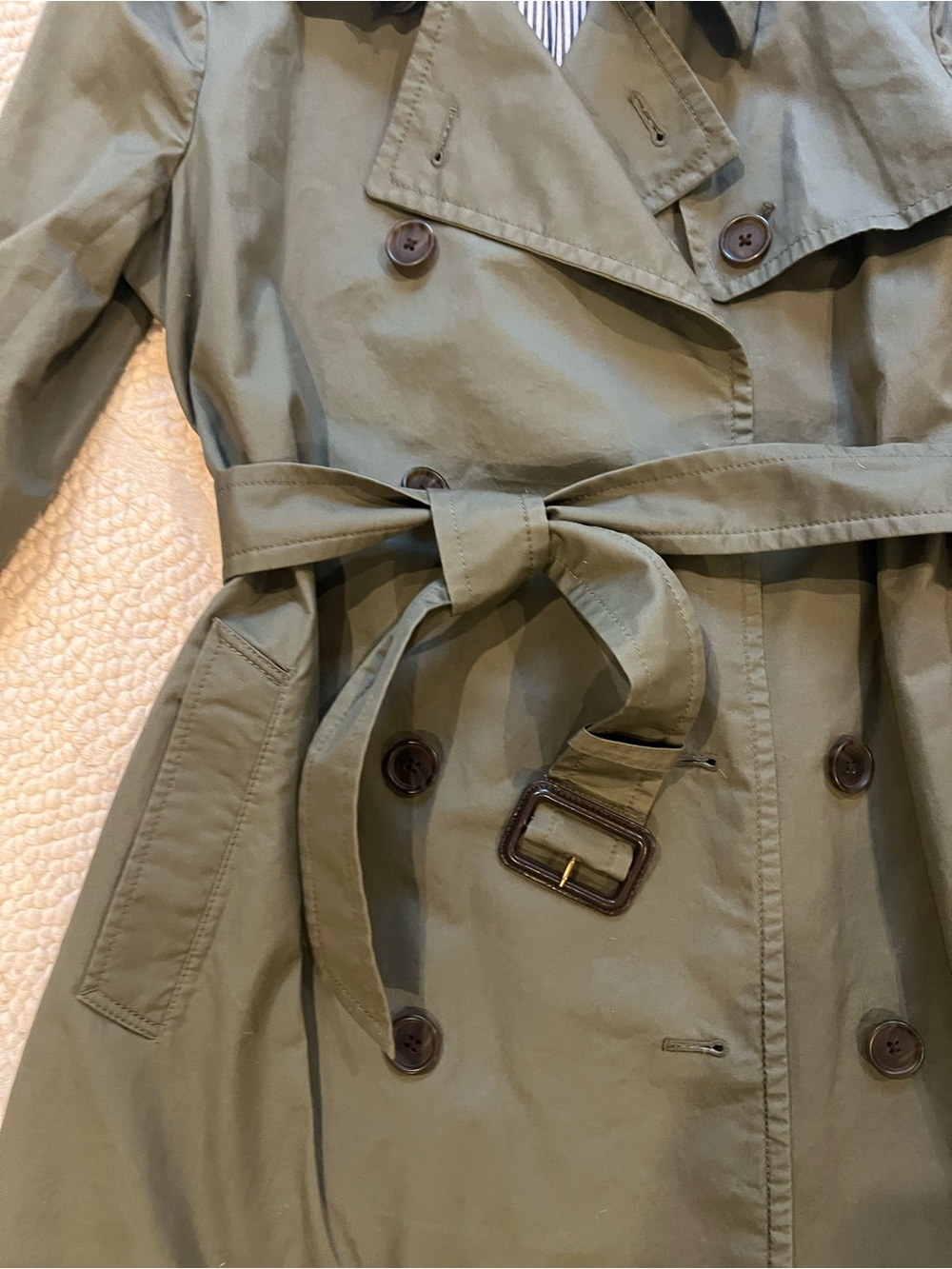 NWOT J. Crew Olive Double-Breasted Trench with Waist Tie - Picture 5 of 7
